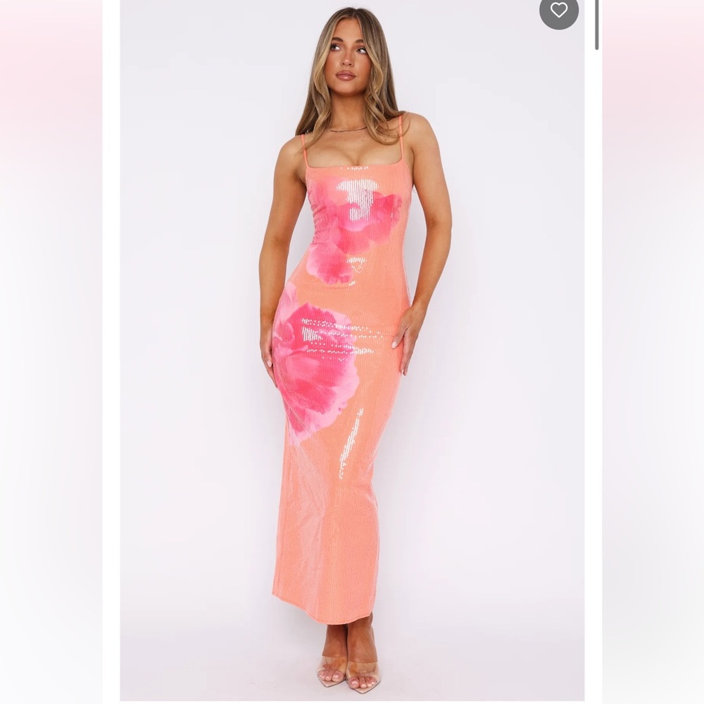 White Fox Boutique Telling Me Lies Sequin Maxi Dress Tangerine Blossom - Picture 2 of 5